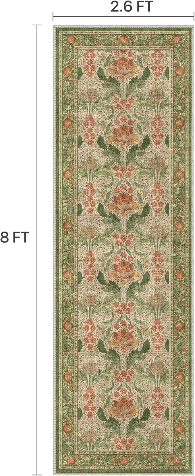 Bavni 2'6''x8 Runner Rug,Microfiber Washable Non-Slip Vintage Floral Rugs,Low Pile Lightweight Carpet for Bedroom,Hallway,Entryway,Kitchen,Bathroom, Sage Green & Burnt Orange