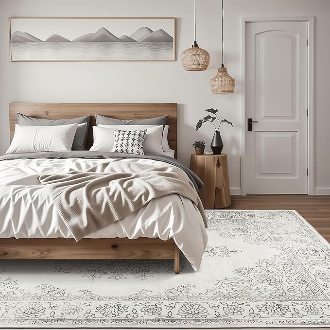 ReaLife Rugs Machine Washable Area Rug - Living Room Bedroom Bathroom Kitchen Entryway Office - Padded Low Pile Stain Resistant Premium - Boho Farmhouse Vintage - Paige - Ivory 5' x 7'