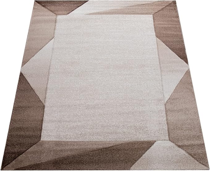 Paco Home Modern Area Rug Bordered with Geometric Pattern in Brown Beige with Contour Cut, Size: 4' x 5'7"
