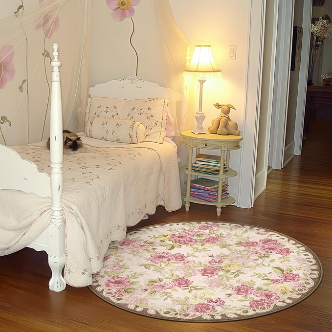 4ft Round Machine Washable Area Rug for Living Room, Pink Vintage Boho Floral Rug Large Non-Slip Low Pile Soft Faux Wool Carpet, Kids and Pets Friendly for Bedroom Nursery Farmhouse Home Decor Rug