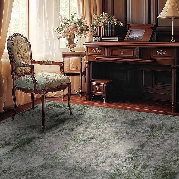 jinchan Green 4x6 Area Rugs - Machine Washable Vintage Floral Distressed Design Soft Ultra-Thin Low-Pile Non-Slip Carpet for Bedroom Living Room Dining Room Nursery (4x6ft, Forest Green)