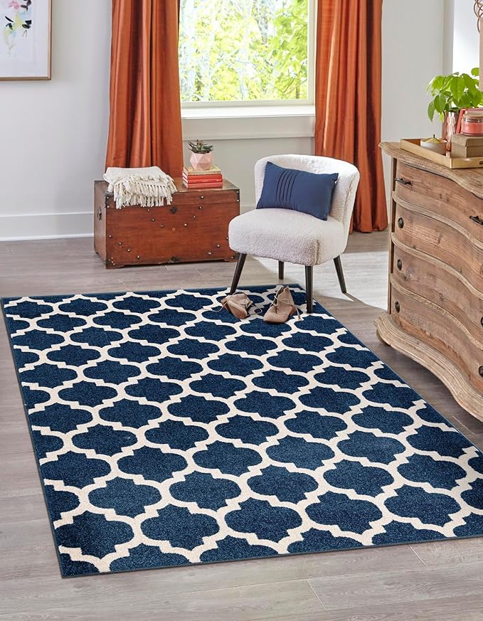 Rugs.com Lattice Collection Rug – 10x14 Dark Blue Medium-Pile Rug Perfect for Living Rooms, Large Dining Rooms, Open Floorplans