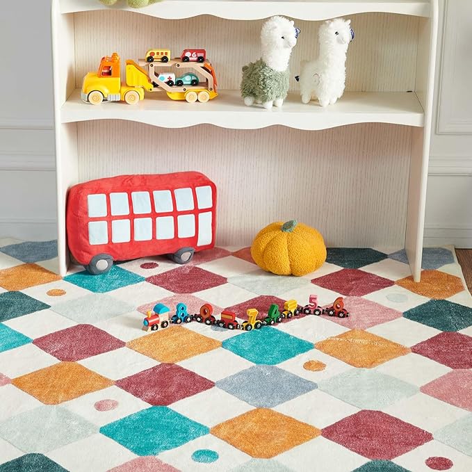jinchan Macy Area Rug 4x6 Kids Washable Indoor Floor Cover Non-Slip Modern Soft Rug Elementary School Classroom Colorful Diamond Carpet for Nursery Playroom Daycare Living Room Confetti on Cream