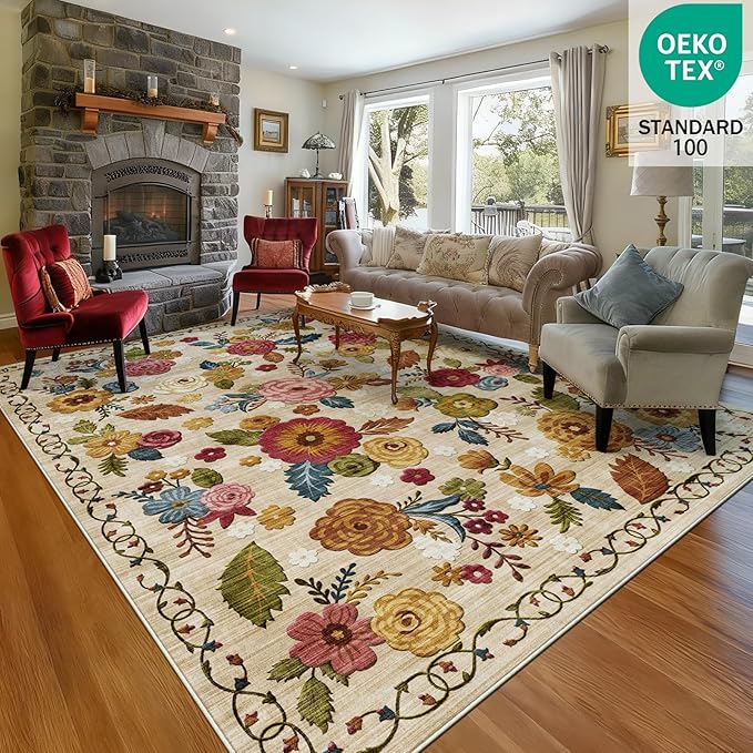 8x10 Machine Washable Area Rug for Living Room, Beige Vintage Boho Floral Rug Large Non-Slip Low Pile Soft Faux Wool Carpet, Kids and Pets Friendly for Bedroom Dining Room Farmhouse Home Decor Rug