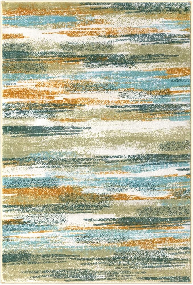 Modern Abstract 8x10 Large Machine Washable Living Room Rug Non-Slip Soft Bedroom Area Rug Green Mustard Multi Ultra Thin Print Faux Wool Carpet Throw Rugs for Playroom Dining Room Indoor