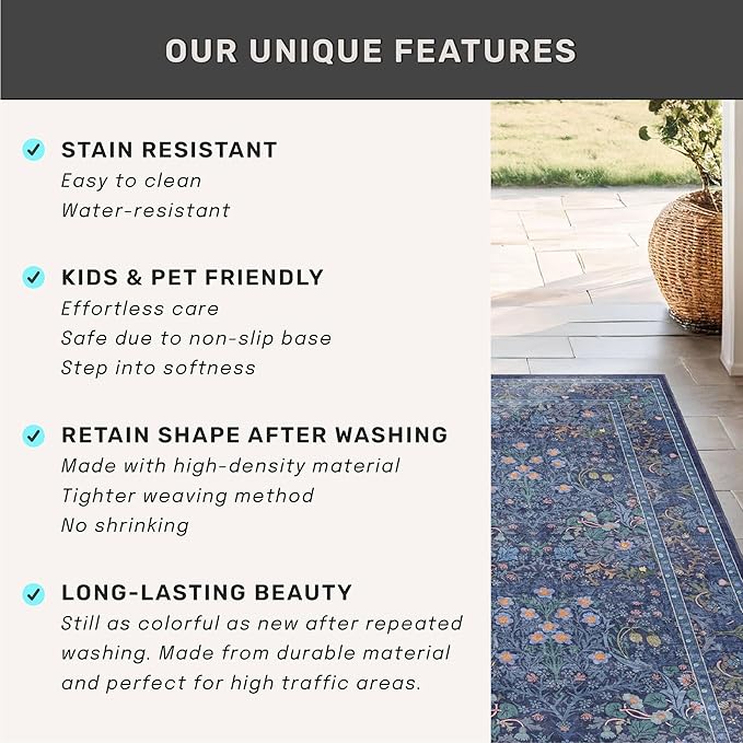 Vintage Dark Blue Living Room Rug, 7x10 Washable Large Area Rugs for Bedroom, Dining Room Rugs Under Kitchen Table, Oriental Navy Blue Low Pile Stain Resistant Non-Slip