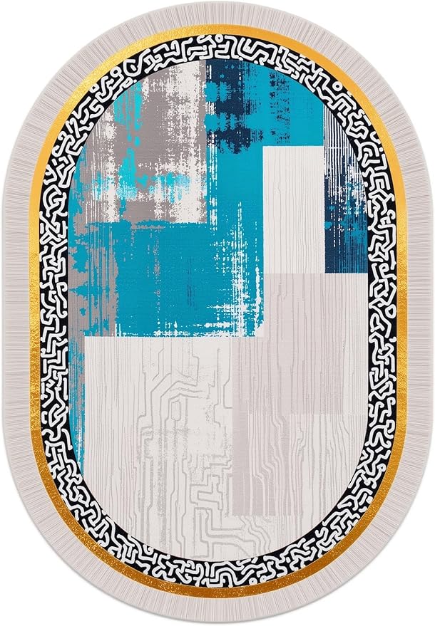 Vintage Luxury Grey Blue Gold Abstract Geometric Texture Oval Area Rug 12x14 for Living Room Bedroom Dining Room Minimalist Bordered Large Rugs Nursery Dorm Kitchen Entryway Soft Non Skid Floor Carpet