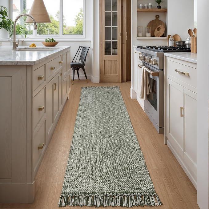 Collive Long Carpet Runners for Hallway 2x8ft, Washable Low Profile Front Entryway Rug Cotton Hand-Woven Kitchen Rug Runner, Olive Green/Cream Farmhouse Bedroom Rug for Laundry Room Entrance