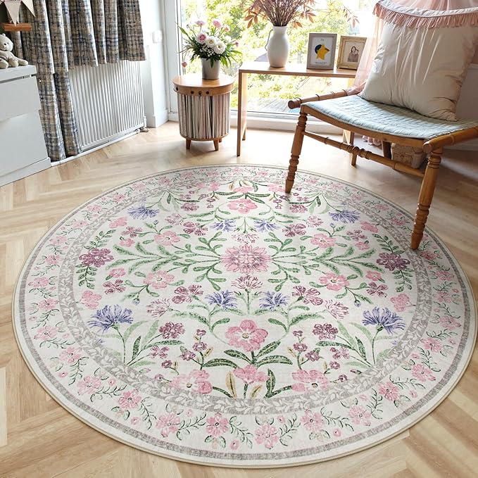 Wonnitar Floral Purple Round Area Rug 5ft, Soft Washable Kids Room Rug, Boho Ultra-Thin Non Slip Circle Carpet for Bedroom Girls Nursery Dorm Living Room Classroom, Light Purple/Pink