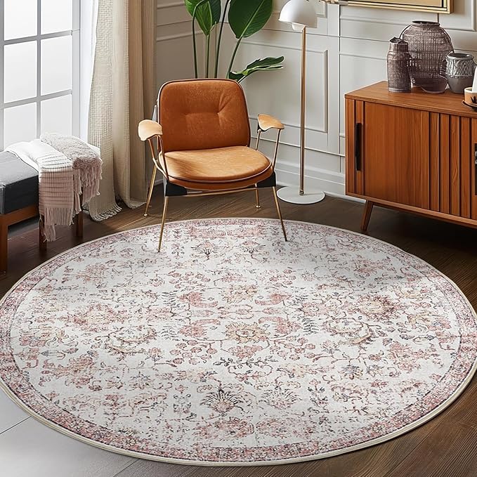 jinchan Kalen Round Rug 8ft Area Rug Washable Vintage Indoor Retro Accent Floor Cover Distressed Floral 8' Round Circle Boho Non Slip Thin Carpet for Living Room Dining Room Bedroom Kitchen Red
