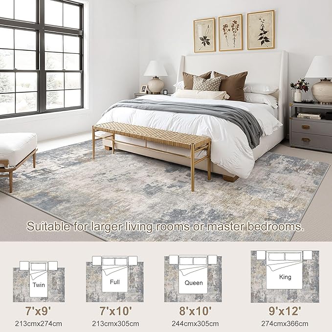 7x10 Area Rug Living Room Rugs - Washable Neutral Modern Abstract Soft Thin Large Rug Indoor Floor No Slip Rug Carpet for Bedroom Under Dining Table Home Office Decor - Blue Grey