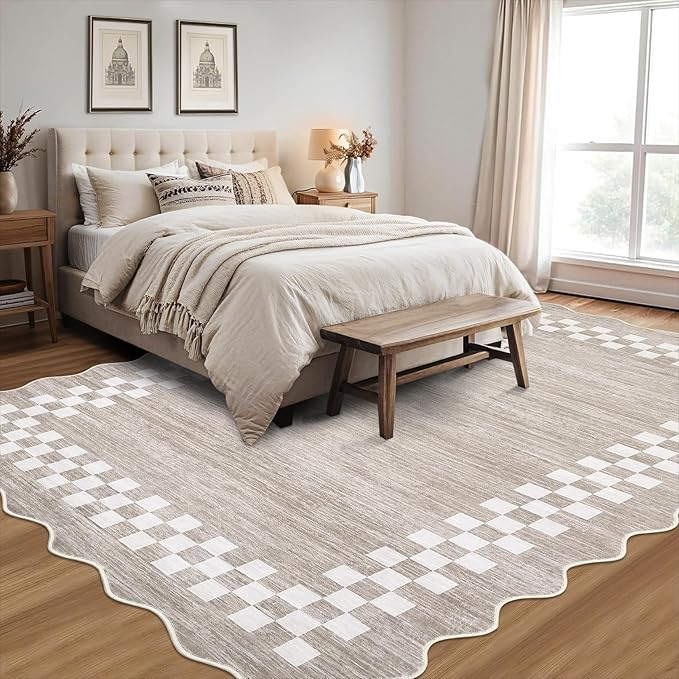 GarveeHome Scalloped Washable Rug 9x12 Area Rug for Living Room Modern Border Large Bedroom Throw Carpet with Rubber Backing Stain Resistant Boho Rug for Dining Room Home Decor Office, Fog
