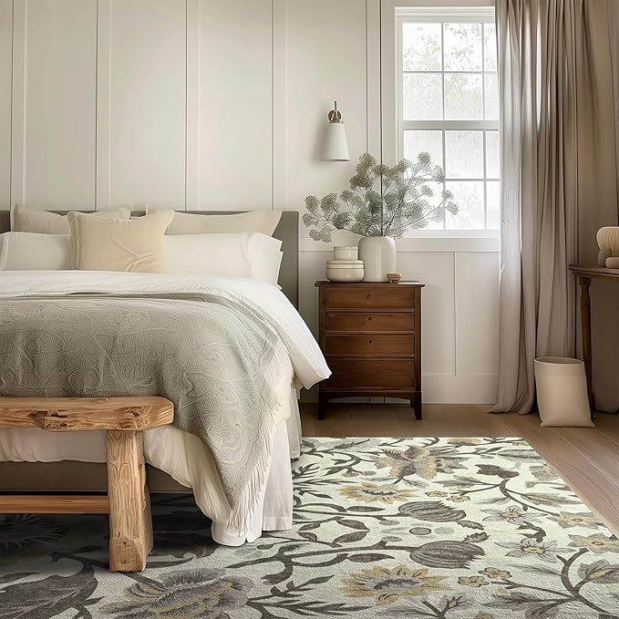 EVERGRACE Area Rugs for Living Room 8x10, Boho Floral Faux Wool Indoor Outdoor Rugs, Washable Rugs for Bedroom Dining Room Entryway Kitchen, Low Pile Floor Mat Carpet for Home Decor, Gray