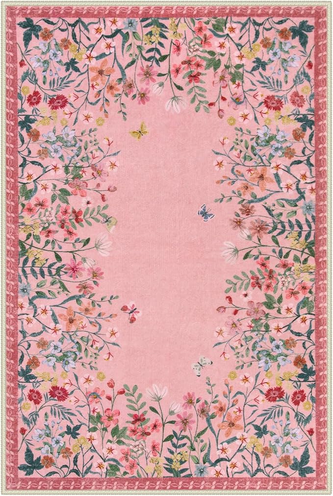 Wonnitar 2x3 Pink Bathroom Rugs Non Slip Washable, Floral Small Area Rugs for Entryway, Low Pile Soft Door Mat Indoor Entrance Throw Carpet for Kitchen Bedside Laundry Room (Pink,2'x3')