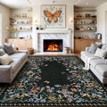 Wonnitar Washable 8x10 Rug, Non-Slip Soft Black Botanical Area Rugs for Living Room, Non-Shedding Large Bedroom Rug, Ultra-Thin Stain Resistant Floor Carpet for Dining Table (Black,8'x10')
