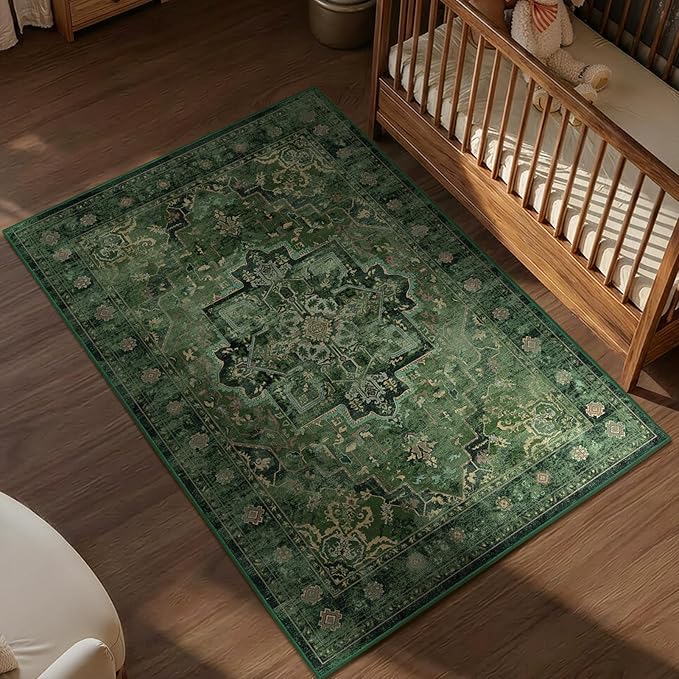 Dark Green Vintage Entryway Rug 3x5, Tranditional Medallion Distressed Throw Rug for Bedroom Bedside, Washable Non Slip Low Pile Small Area Rug for Living Room/Kitchen/Bathroom/Dorm/Closet