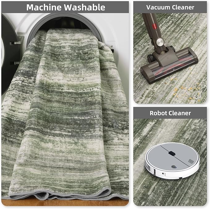 PADOOR Modern Abstract Runner Rug - 2x10 Washable Hallway Rugs, Ultra Soft Non-Slip Low Pile Floor Rugs for Hallway Entryway Kitchen Bedroom Bedside Laundry Room Green