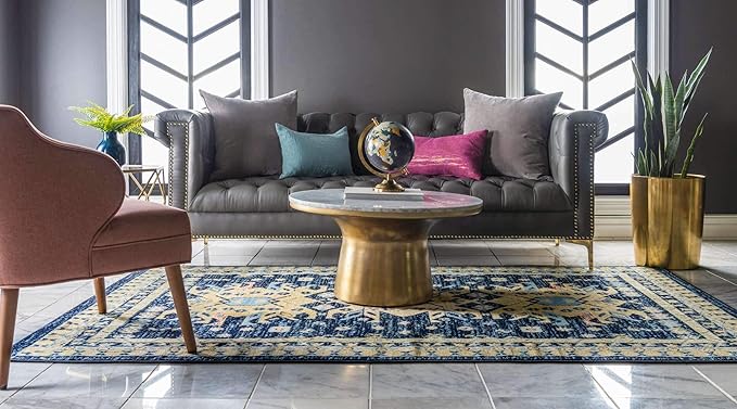 Unique Loom Taftan Collection Border Geometric Tribal Inspired Design Area Rug (5' 0 x 8' 0 Rectangular, Navy Blue/ Gold)