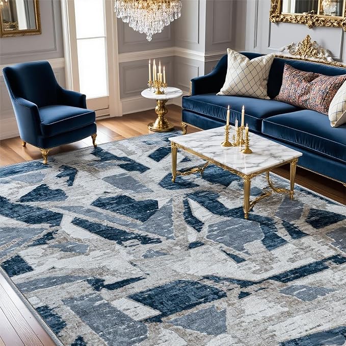 Blue 6X9 Area Rugs for Living Room Bedroom,Modern Abstract Large Carpet Washable Rugs 6X9 for Dining Room Office,Non Slip Print Faux Wool Thin 6 by 9 Indoor Nursery Kids Home Pet & Child Friendly