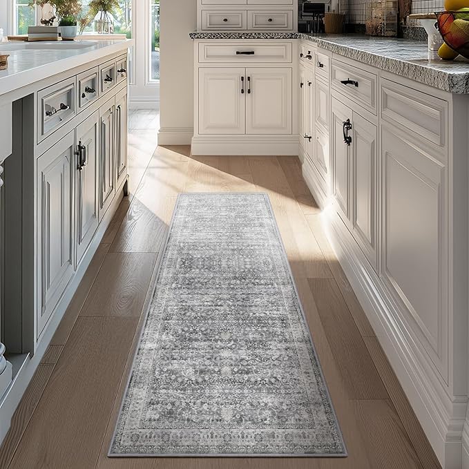Grey 2x6 Runner Rug for Hallways Entryway, Vintage Neutral Kitchen Bathroom Runner 6ft, Non Slip Washable Low Pile Thin Carpet Runner for Mudroom/Laundry Room/Bedroom Bedside