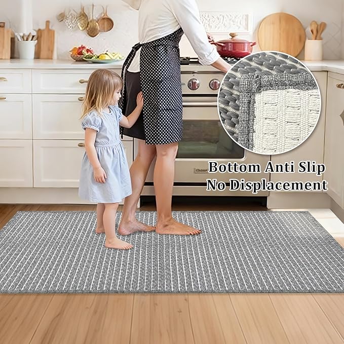Grey Bathroom Rugs 24"x48"Non Slip Braided Bath Mat for Bathroom Floor Washable Boho Luxury Bath Rug for Tub Soft Vintage Absorbent Shower Sink Mat