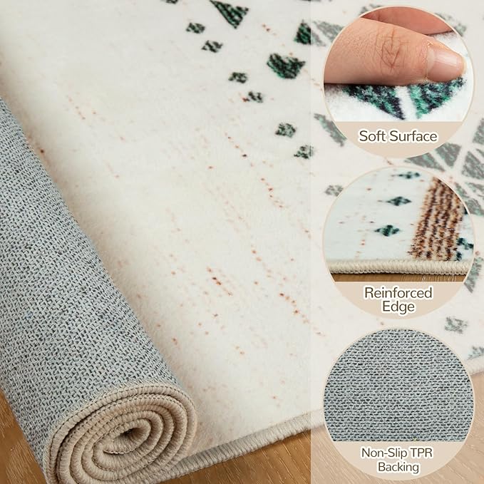 BESTSWEETIE 2x10 Area Rugs for Living Room Washable Moroccan Farmhouse Neutral Geometric Low Pile Non-Slip Soft Print Pattern Rug for Bedroom Kitchen Dining Room Entryway Green/Brown