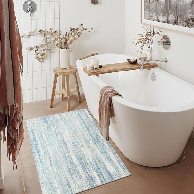 MUJOO Small Rug Washable,2x3 Area Rugs for Entryway Entry Entrance Bedroom Bathroom,Modern Abstract Low Pile Throw Rug,Front Door Mat Non Slip Accent Neutral Carpet Indoor Blue