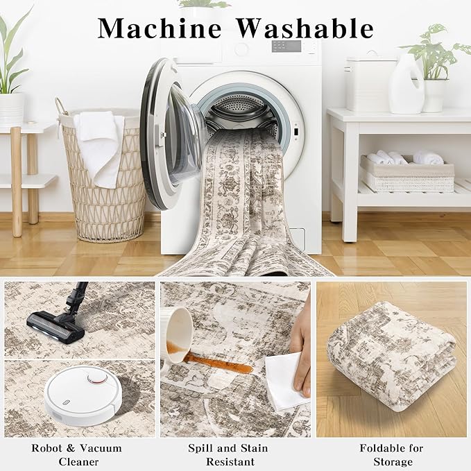 9x12 Vintage Washable Area Rugs Boho Medallion Large Distressed Retro Accent Carpet Floral Non-Slip Soft Low Pile Indoor Throw Rug for Living Room Bedroom Dining Room Office Kitchen, Taupe
