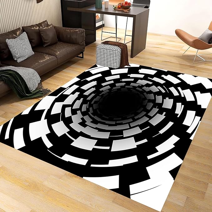 3D Illusion Swirl Area Rugs, 3x4ft, Modern Abstract Grid Black Hole Living Room Carpet, Geometric Black White Check Washable Carpets, Ultra Soft Cozy Shed Resistant Mat for Indoor