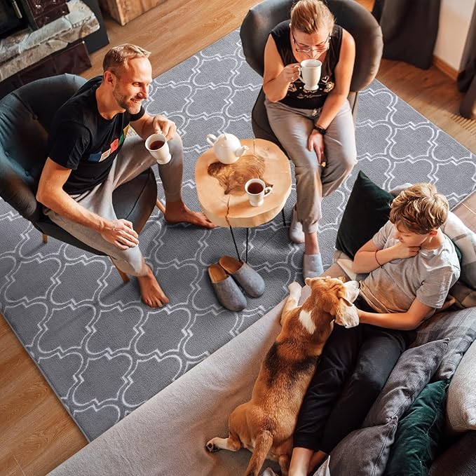 Amearea Fluffy Indoor Area Rug, Soft Trellis Moroccan Rugs for Bedroom, Shag Modern Area Rug for Living Room Kids Room Nursery, Easy Clean, Home Decor Low Pile Carpet, Light Gray 5x7 Feet