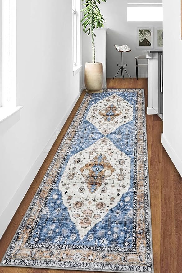 COMSLE Boho Runner Rug, 2 x 7 Ft Washable Area Rugs for Hallway Faux Wool Small Kitchen Distressed Throw Rug Non-Slip Laundry Room Carpet Runner for Entryway Indoor Door Mat Bedroom