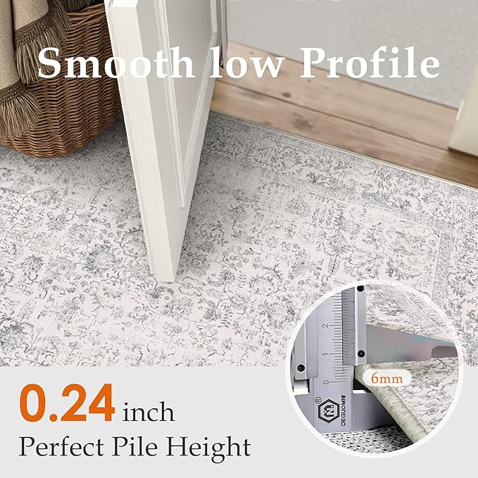 Gray Entryway Area Rug 2x3 Door Mat Machine Washable Kitchen Vintage Distressed Non Slip Carpet Indoor Grey Retro Floral Accent Throw Small Rug for Bathroom Office Bedroom Dining Living Room