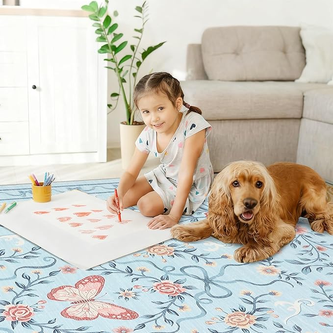 GarveeHome Washable Runner Rug 2x6 Non Slip Hallway Runners Stain Resistant Low Pile Floral Runner Rugs for Kitchen Soft Long Entryway Runner Rugs Blue Boho Throw Carpet for Bedroom Nursery, 2x6