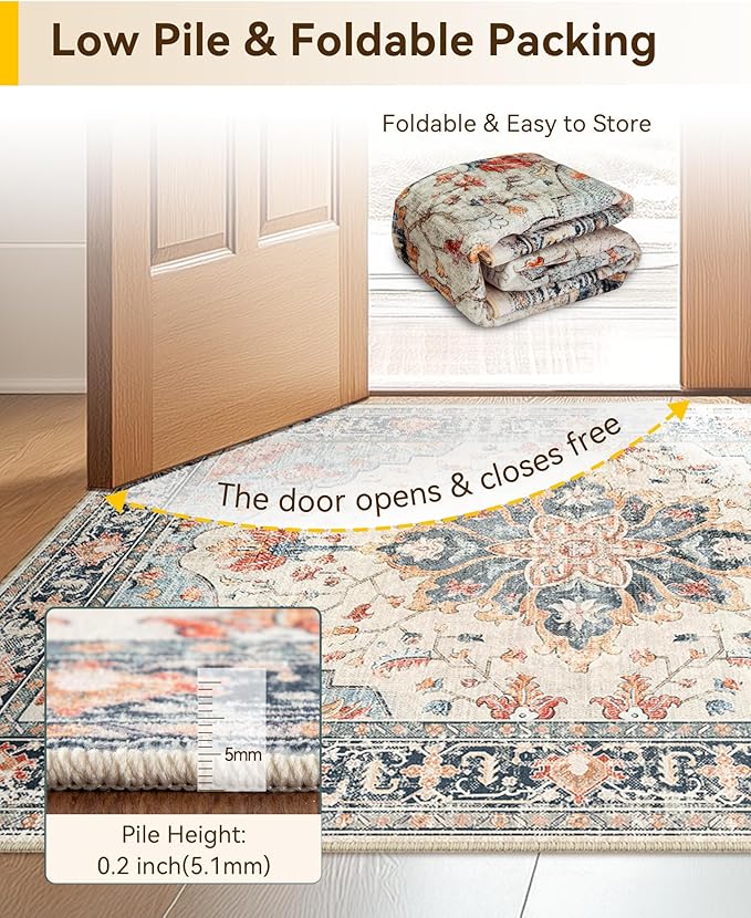 Area Rugs 2'6''x12' Washable Non-Slip, Floral Vintage Distress Print Pattern Medallion Carpet for Living Room Bedroom Dining Room, Beige Navy Blue Orange Colorful