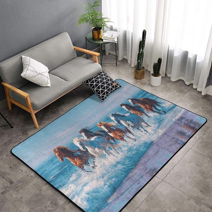 Horse Run Gallop in Waves Ocean Area Rug Washable Outdoor Rugs Anti-Slip Soft Carpet Entryway Indoor Door Mat for Bedroom,Living Room,Porch,Terrace and Entrance Decor 8'x 5'