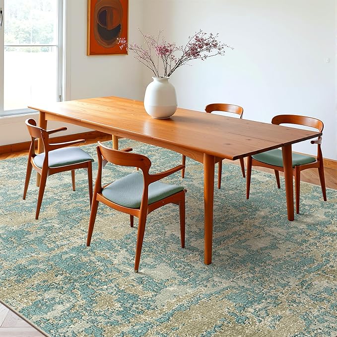 WITSHOCK Living Room Area Rugs 9x12：Modern Abstract Machine Washable Large Rug for Bedroom Dining Room Non-Slip Stain Resistant Home Office Decor,Teal Brown