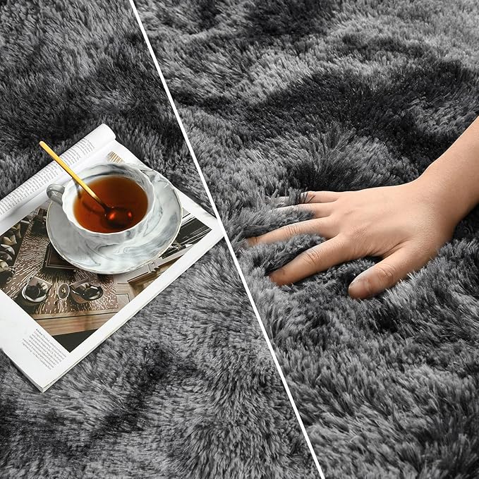 Large Shag Area Rugs 9 x 12, Tie-Dyed Plush Fuzzy Rugs for Living Room, Ultra Soft Fluffy Furry Rug for Bedroom, Indoor Carpet Nursery Rugs for Kids Room Home Decor, Dark Grey