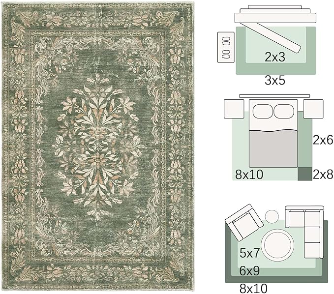 jinchan Green Floral 8x10 Area Rugs for Living Room - Machine Washable Vintage Distressed Design Soft Throw Rug Non-Slip Large Carpet for Bedroom Nursery Dining Room Home Office (8x10ft,Dark Green)