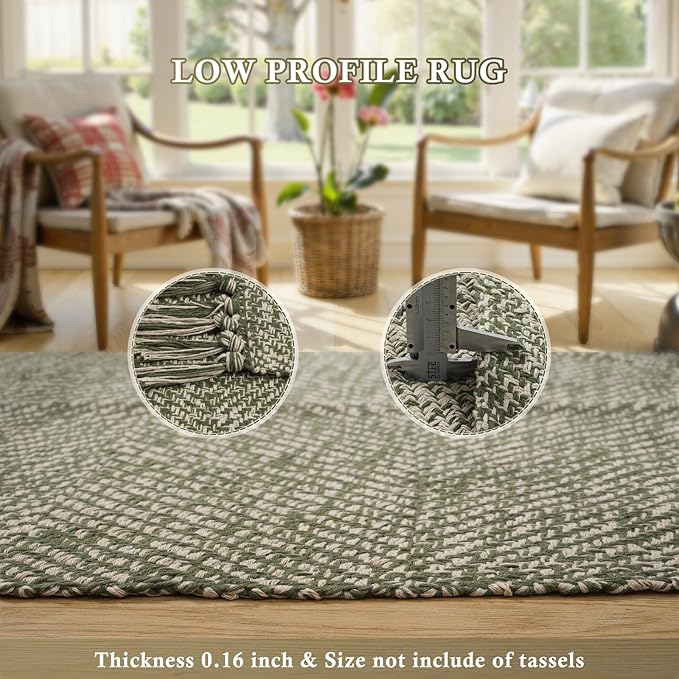 Collive Kitchen Runner Rug 2' x 4.3', Hand-Woven Cotton Reversible Washable Entryway Runner Rug, Natural/Green Farmhouse Bathroom Rug Modern Bedroom Carpet for Laundry Room Front Door Décor