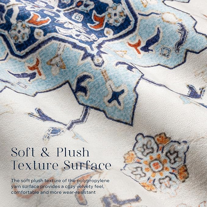 Phantoscope Washable Area Rug 8'x10' Non-Slip, Vintage Boho Rugs for Living Room, Bedroom, Dining Room, Medallion Persian Symmetrical Pattern, Low-Pile Foldable Floor Carpet, Ivory Blue/Orange