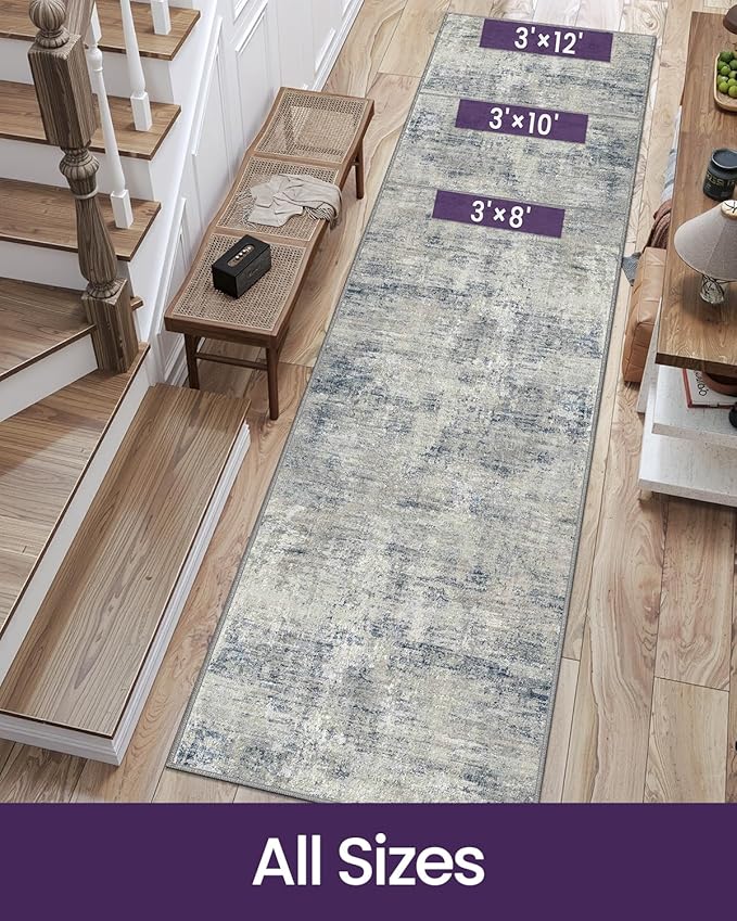 DEXI Hallway Runner Rug 3x10, Modern Abstract Non Slip Thin Soft Runners Carpet, Stain Resistant Washable Indoor Rug for Hallway Entryway Kitchen Laundry Room Living Room, Blue