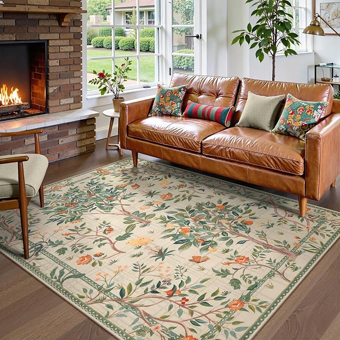 Morebes Washable 5x7 Sage Green Area Rug for Bedroom, Boho Floral Kids Room Rug Non Slip, Soft Flower Low-Pile Indoor Floor Throw Carpet for Dining Room Bedroom Home Office Playroom