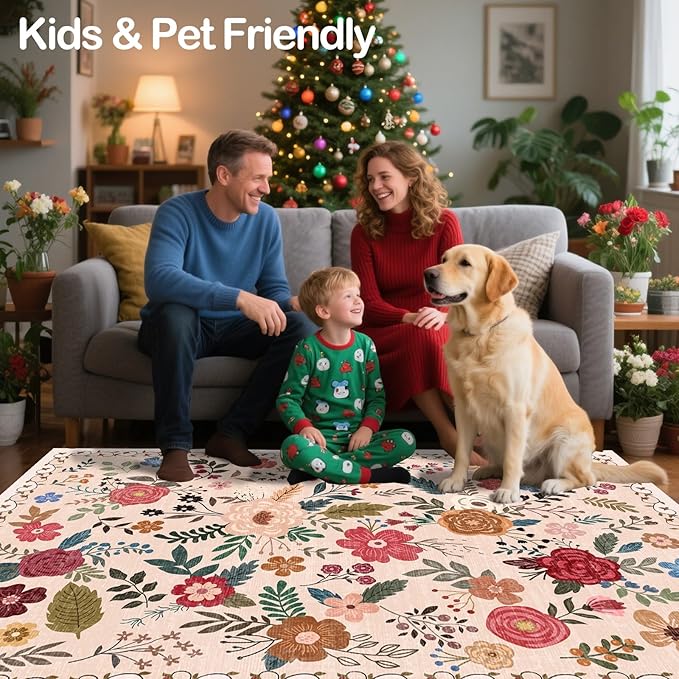 5x7 Area Rugs for Living Room Clearance Washable Boho Area Rug, Vintage Floral Non Slip Low Pile Large Rug for Living Room, Bedroom, Dining Room, Farmhouse (5 x 7 Beige Red)
