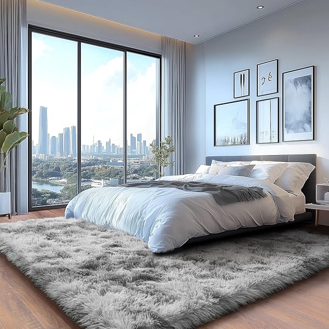 Ultra Soft Fluffy Rugs for Bedroom, Anti-Skid Indoor Carpet Nursery Rugs for Kids Room Home Decor, Rectangular Fuzzy Rug Tie-Dyed Light Grey 6x9 Feet