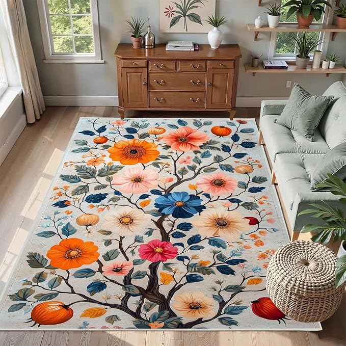 6x9 Colorful Flower Area Rugs, Floral Vintage Large Rugs, Floral Rugs, Botanical Rug, Washable Boho Botanical Non Slip Carpet for Living Room, Bedroom, Kids Room