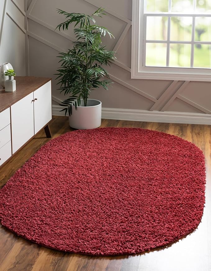 Unique Loom Davos Shag Collection Area Rug - Solid (5' 3" x 8' Oval, Poppy)