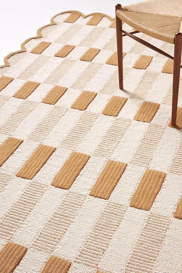 Hand-Tufted Wool Rug with Scalloped Edges, Light Blue Plaid Pattern, Cozy Soft Area Rug for Living Room, Bedroom, and Nursery, Handmade Modern Accent Rug (Neutral, 10X14 FEET)