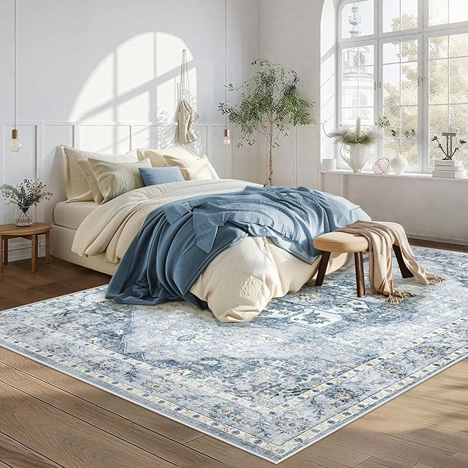 5x7 Area Rugs Washable Rugs for Living Room, Vintage Boho Rug Non-Slip Soft Floral Distressed Rug Low Pile Stain Resistant Carpet for Bedroom Nursery Office Dining Room Farmhouse Dorm(Blue, 5'x7')