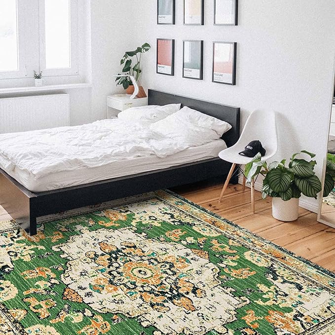 Bohemian Pattern Rectangular Area Rugs for Living Room Bedroom 5 x 6.9 ft Green & Orange Abstract Non-Shedding Soft Low Pile Rug Non Slip Washable Rug for Nursery Entryway Playroom