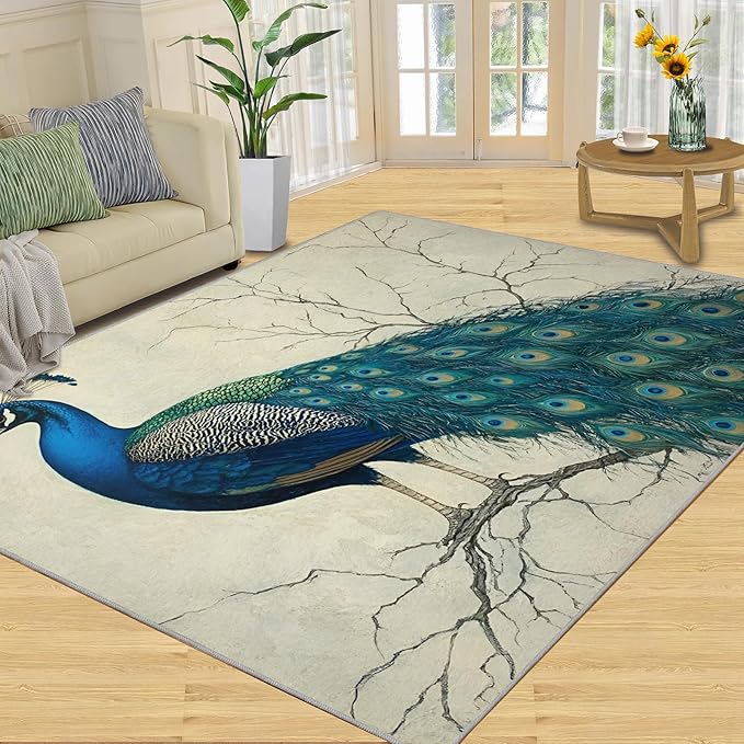 Peacock Area Rug 5x8-5x8 Rug, Peafowl Rugs for Living Room, Teal Turquoise Carpet, Modern Style Washable Area Rugs for Bedroom, Peacock Feather Carpet - Peafowl Home Decor & Gifts